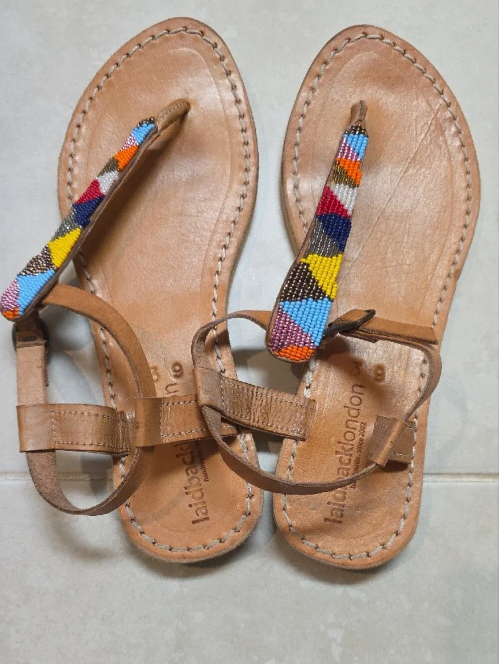 Laid-Back London Beaded Leather T-Strap Sandals Multicolor Tribal Boho Size 9